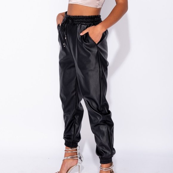 Black Faux Leather Vegan Leather High Waist Loose Fit Joggers Jogger Pants - Picture 3 of 10